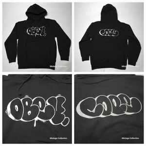 Vintage Obey X COPE2 Throw Up Black Pullover Hoodie Silver Grafitti Print Size M